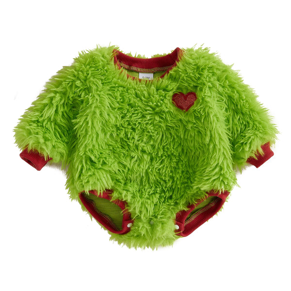 Baby Christmas Fuzzy Romper Newborn Boys Girls Heart Pattern Long Sleeve Crew Neck Bubble Jumpsuit for Infant 0-18Months