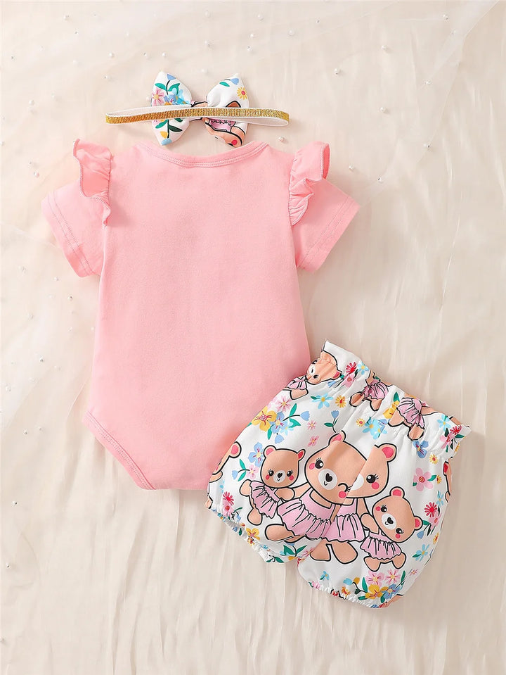 3-piece baby girl clothes set with romper, shorts, and headband from MomChecklist