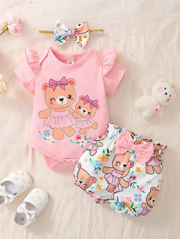 3-piece baby girl clothes set with romper, shorts, and headband from MomChecklist