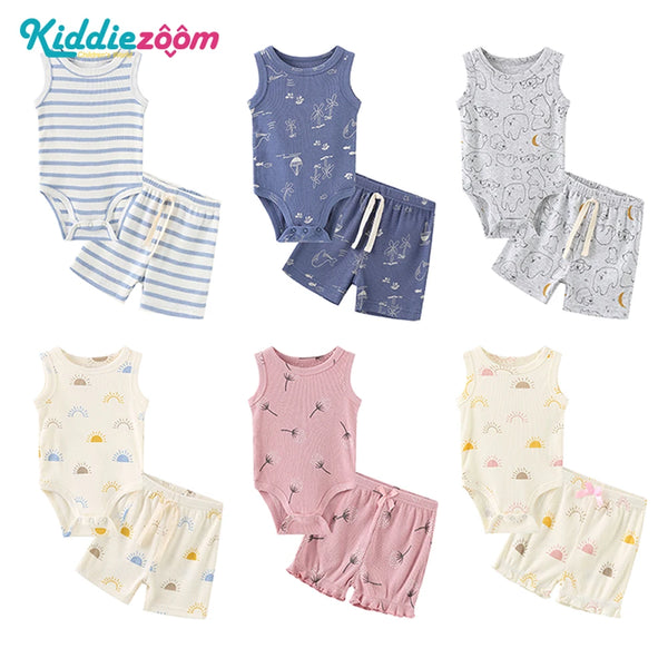 Summer Cartoon Sleeveless Newborn Clothes Set – Baby Bodysuits + Pants