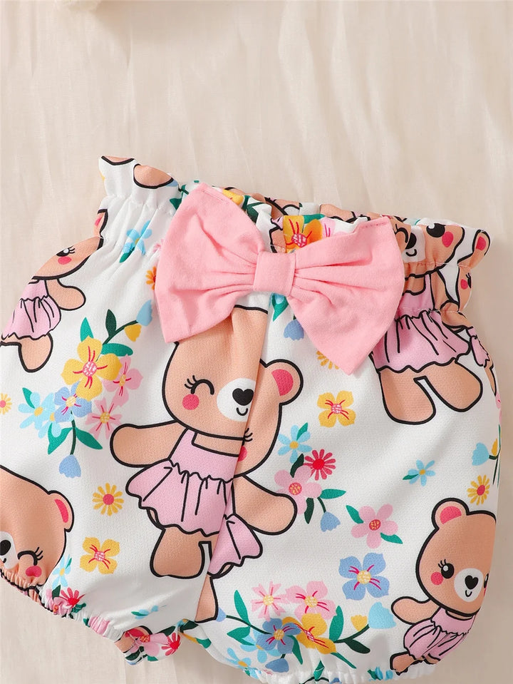 3-piece baby girl clothes set with romper, shorts, and headband from MomChecklist