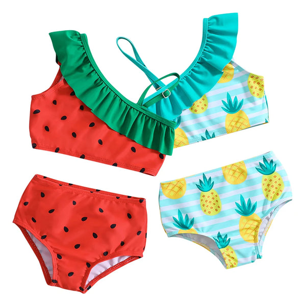 Summer Girl Fruit Print Single Shoulder Suspender Top and Triangle Pants Girl's Beach Sports Water Party Swimsuit Baby Clothing