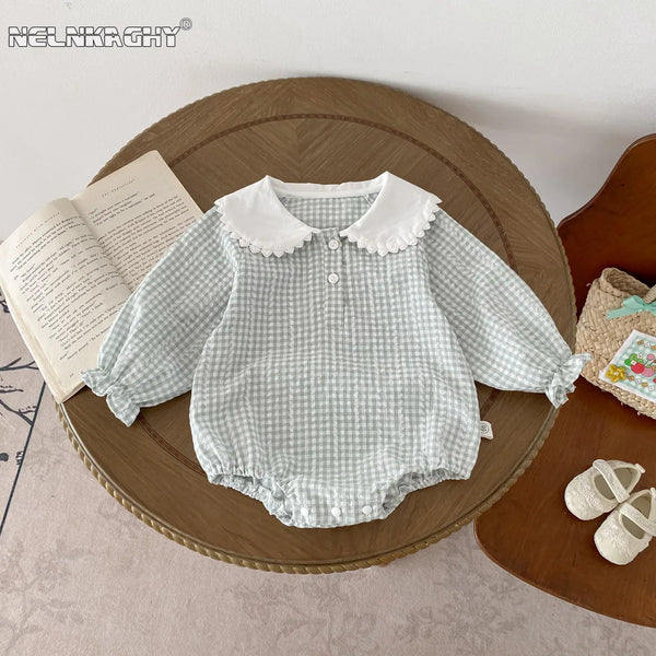 Infant Spring Autumn Long-Sleeve Diaper Cover Onesie - Doll Collar Baby Girl bodysuits Newborns Checkered Pure Cotton Clothing